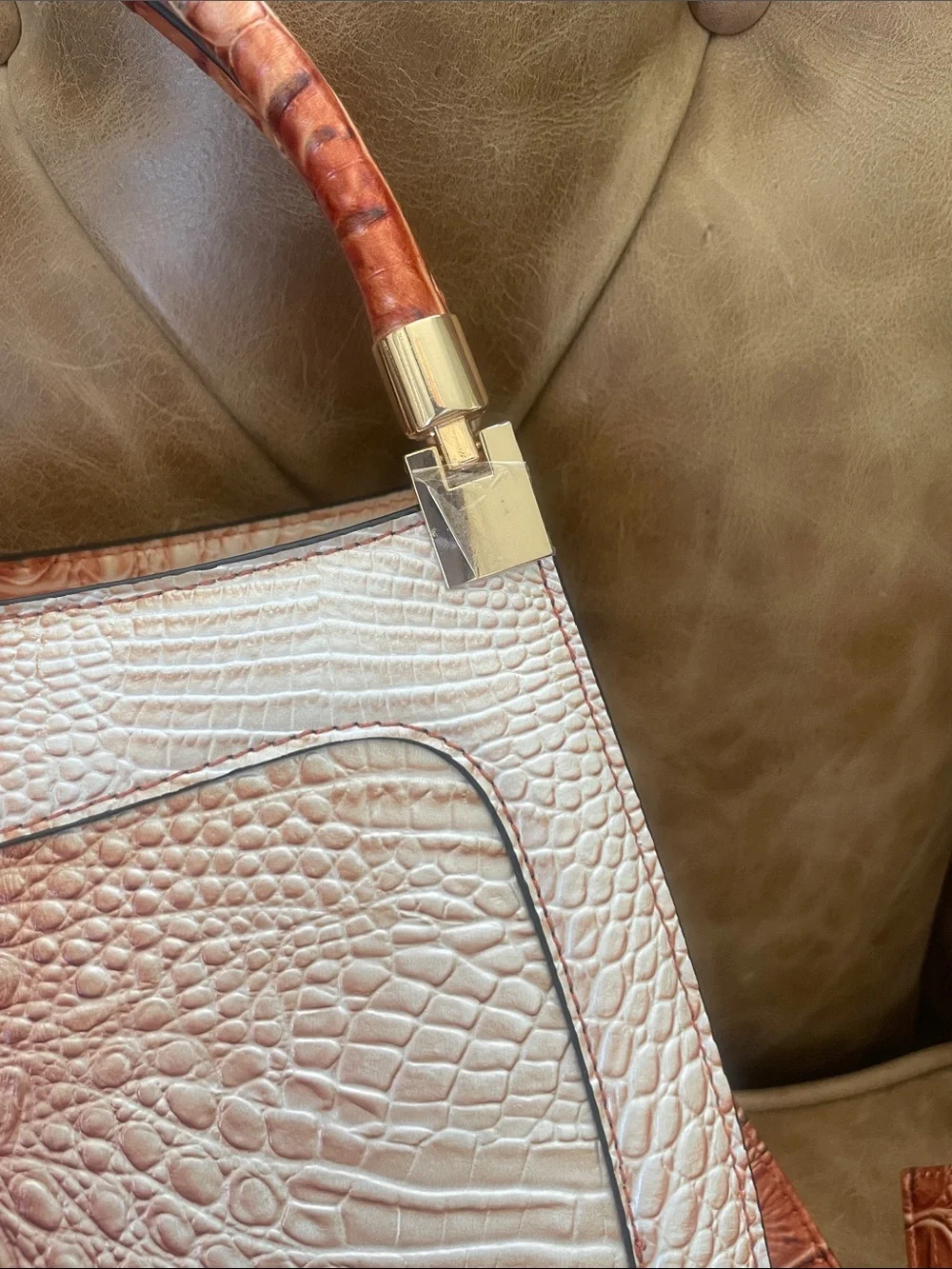 Croc-Embossed Satchel Handbag in Burnt Orange-Cream